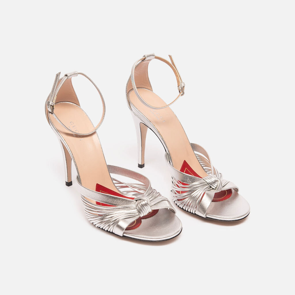Gucci Silver Metallic Ankle Strap Heels